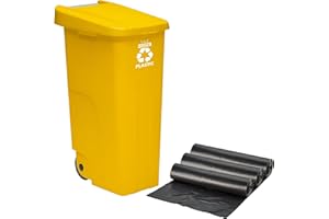 WELL HOME MOBILIARIO & DECORACIÓN Contenedor Wellhome Reciclo 110 litros, cerrado con tapa, ideal para reciclaje de plásticos, con ruedas + 3X Bolsas de basura de 10 unidades
