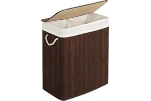 SONGMICS - Laundry Basket with Lid - Bamboo Laundry Basket with 2 Sorting Compartments, Removable Bag, Cotton Handles - Volume 100L, for Laundry Room, Bedroom - Brown - LCB72Z