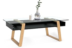 bonVIVO Couchtisch schwarz mit Glas Holz Materialmix - Beistelltisch, Sideboard, Wohnzimmertisch - Modern Minimalistisch - Stilvoller Glastisch für Wohnzimmer, Schlafzimmer, Diele