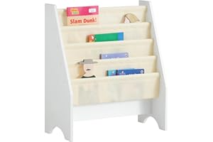 SoBuy Kids Bookshelf Children’s Bookcase and Toy Storage Unit with 4 Fabric Sling Pockets Nursery Furniture for Book and Toy Organisation White 62x30x71cm FRG225-W