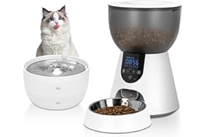 Podazz Automatic Cat Feeder and Water Dispenser, 4L Cat Food Dispenser with Timer for Dry Food, 1-6 Meal/Day, 1-10 Portions/Meal, 3L Water Fountain with Quiet Pump, Stainless Steel Food Bowl
