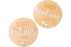 nagu® ES- Quieres ser mi madrina? Quieres ser mi padrino? | Dos Placas de Madera de 10 cm de Diámetro para Anunciar Embarazo | Tarjeta Regalo Padrinos Bautizo | Detalles Bautizo El Padrino