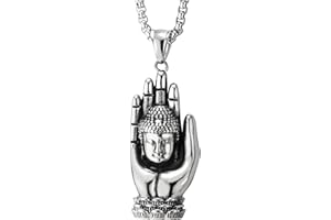 COOLSTEELANDBEYOND Edelstahl Vintage Lotus Hand Halten Buddha Kopf Halskette für Herren Acrílica Anhänger, 75cm Stahl Weizen-Kette