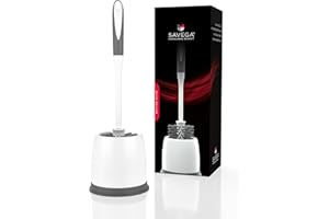 SAVEGA® Oryginalny produkt – szczotka do WC o innowacyjnej strukturze włosia – szczotka sedesowa z uchwytem – wysokiej jakości zestaw szczotek toaletowych – higieniczny uchwyt na szczotkę do WC w kolorze matowym, czarnym – szarym, okrągła (biała)