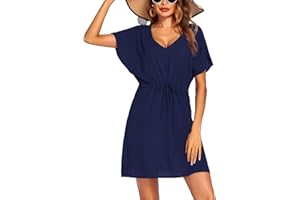 Vossmi Robe de Plage Femme Cache Maillot de Bain V-Cou Cover Up Bikini Maillot Manche Courte col en V Mousseline Casual Robes ete Plage avec Ceinture Décontracté Bikini