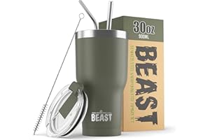 GREENS STEEL BEAST Mug Isotherme Cafe - 900ml I Vert armée I Acier Inoxydable I Réutilisable, Tasses Isothermes I 2 Pailles et Brosse Nettoyage I Thermos Cafés de Voyage Double Paroi I Café Chaud ou Glacé