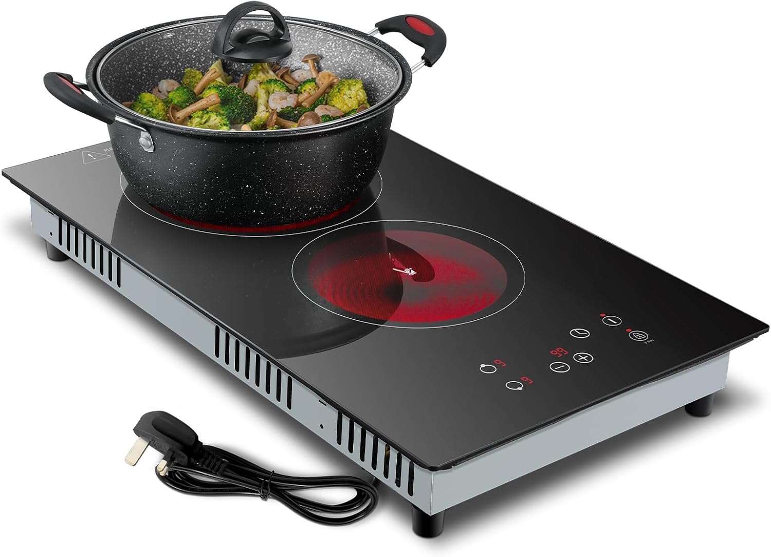 KICHPOWER Ceramic Hob 2 Zones, Electric Plug in Hob 30cm 2 Burners, 2800W, 9 Power Levels, 1-99 min Timer, Residual Heat Indicator, Child Safety Lock, compatible with All Pans & Pots