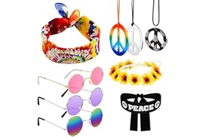UYUYong Ensemble de Costume Hippie Rétro Accessoires Deguisement Lunette Collier de Signe de Paix Bandeau Coloré pour Soirée à Thème de la Mode des Années 70 et 80