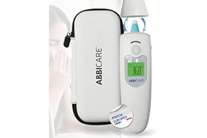 ABBI ESSENTIELS Termómetro infrarrojo frontal y auricular ABBICARE™ – Precisión 1 seg modo bebé, sin contacto, con bolsa – Uso médico para adultos y niños