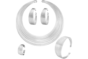 BSLVWG 5PCS Jewelry Sets for Women African National Statement Necklace Open Cuff Bracelet Chunky Costume Jewelry Set Hoop Earrings Women Rings Bangle Gold Choker Statement Necklace