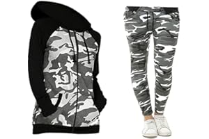 OWASI Kids Girls Tracksuits Grey Camouflage Zipper Hoodie Top & Bottom Jogging Suits Sports Wear Outfit Joggers New Age 3 4 5 6 7 8 9 10 11 12 13 14 15 16 Years