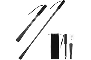 Enzyluxe Shoe Horn Long Handle with Storage Bag,34-85cm Retractable Shoe Horn with Storage Bag,Aluminum Alloy Shoe Horn For Men Women Kids Seniors(Black)