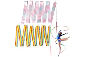 Aieino 2pcs Dance Ribbons for Children 2 m / 78.7 inch, Dancing Ribbon Wand Rainbow Sparkling Purple Rhythmic Gymnastics Streamers with Baton Twirling for Kids Artistic Dancing Gym Training