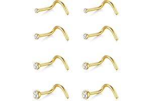AceFun piercing nariz,8 piezas 20G 22G piercing nariz acero inoxidable perno oro plata piercing nariz forma L diamante pequeño conector nariz para mujeres hombres piercing perno nariz clara CZ