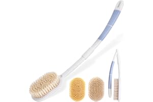 Wiseten Składana myjka do pleców z długim uchwytem, 2 w 1, do prysznica z wymiennymi głowicami szczotek, szczotka prysznicowa z zakrzywionym uchwytem, dla kobiet i mężczyzn w podeszłym wieku