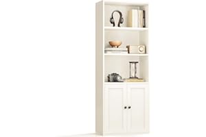 Coleshome 5-Tier Bookcase with Doors and Cabinet, Bookshelf Floor Standing Display Storage Shelf, Bookcases for Home, Office, Living Room, Bedroom, White, 48 x 24 x 147.2