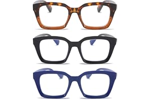 MMOWW Paquete de 3 gafas de lectura rectangulares - Gafas de gran tamaño con montura cuadrada anti luz azul para mujeres y hombres (Negro + Azul + Tortuga, 3.5)