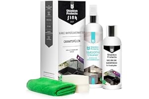 S SHIELDON PROTECTS Shieldon Protects Kit de Nettoyage (250 ml) et Imprégnation (200 ml) pour Éviers en Granit avec Éponges et Chiffon Microfibre - Protection Hydrofuge pour Éviers Blanco Silgranit