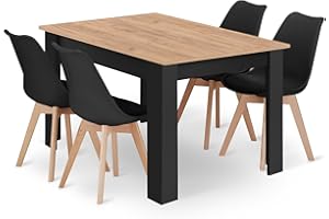 NMK HOME Conjunto Mesa Rectangular 120 x 80 cm y 4 Sillas Comedor Negro - Mesa de Cocina con Sillas con Cojín de Cuero Sintético y Patas de Madera de Haya