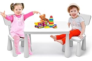 RELAX4LIFE Tavolino per Bambini con 2 Sedie in PP Atossico, Montaggio senza Attrezzo, Portata di 50 KG, Tavolo: 54,5x76,5x49,5cm, Sedie con Schienale: 36x35x66,5cm (BIANCO)