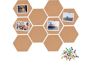 GOIEHIR Tableaux en Liège Hexagon, 10 Pièces Panneau de Liège Hexagonal Auto-Adhésif, Avec 50 Punaises pour Suspension de Photos, Décoration Murale de Bricolage