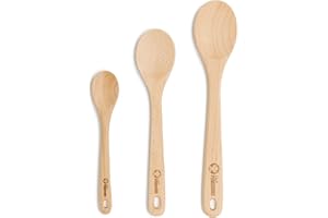 Chef Pomodoro Cucharas de Madera para Cocinar - Set 3 Cucharas de Madera de Haya de 30.5 cm, 26.7 cm y 20.3 cm | Cucharon de Madera para Sopas, Revueltos y Repostería - Utensilios de Cocina Madera