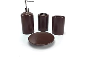 WPM WORLD PRODUCTS MART WPM 4 Piece Ceramic Bathroom Accessories Set - Brown - Our Complete Bath Decor Kit Includes Designer Soap or Lotion Dispenser - Toothbrush Holder - Tumbler - Soap Dish
