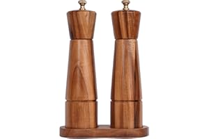 DeroTeno Set Macina Sale e Pepe con Vassoio per Macinino, Macina Sale Regorabile in Ceramica, Macina Pepe in Acciaio Inossidabile, in Legno di Acacia, Altezza 22 cm, Diametro del Fondo 5,5 cm