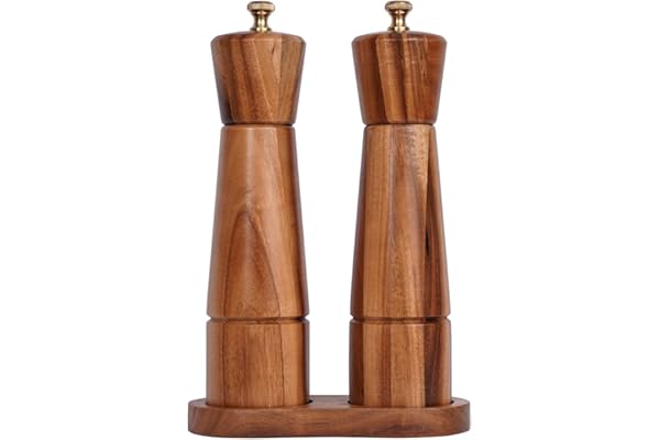 DeroTeno Set de Moulin à poivre et sel avec Plateau de Moulin, moulin à sel réglable en céramique, moulin à poivre en acier inoxydable, Bois d'acacia, Hauteur de 22 cm, Diamètre du fond de 5,5 cm