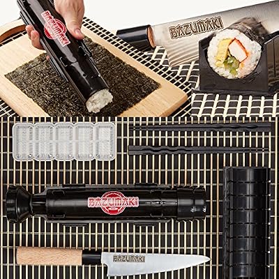 Bazumaki Kit Sushi Bazumaki (6 accessoires) | Sushi Bazooka, Couteau à Sushis, Guide de coupe, Moule Nigiri, Set de table en bambou, 2 paires de baguettes | Facile pour les débutants | Simple à laver