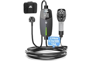 EVDANCE EV Charger Type 2 UK 3 Pin 20ft/6.1m [6/8/10/13A] Portable Electric Car Charger for EV & PHEV, Adjustable Current EV Charger, IP66 Type 2 Charging Cable for Home & Travel, Black