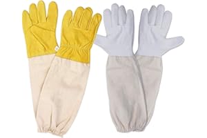 dancepandas Gants d'apiculture 2 Paire Beekeeping Gloves Gants de Protection en Peau de Mouton avec Manches pour Apiculteurs (Jaune Blanc)