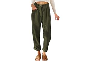 HSUAYEUD Cordhosen füR Damen Casual High Waist Tapered Hose Baumwoll Gerades Bein Hosen Einfarbig Freizeithosen mit Taschen