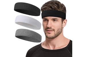 JCHENYE 3 flecos deportivos para la cabeza — Flecos deportivos para la cabeza para hombres y mujeres, cabeza absorbentes de sudor hechos de tejido de Terry de algodón (negro/blanco/gris).