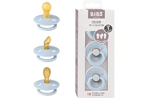 BIBS Colour Try-It Collection: 3 Soothers for Your Baby's Unique Needs, Round, Symmetrical and Anatomical Nipple. Natural Rubber Latex, 0+ Months (Pack of 3), Baby Blue
