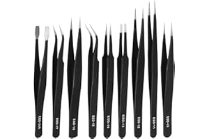 TOPBELIEF Precision ESD Tweezers Set, 9 Pcs Anti-Static Stainless Steel Tweezers, Non-Magnetic Multi-Function Craft for Electronics, Jewelry Manufacturing, Laboratory, Repairing, Hobbies