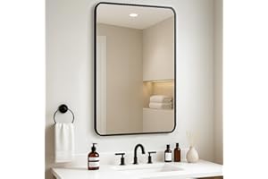 CROWNSHOP 75 X 50cm Bathroom Mirror with Black Aluminum Frame, HD Glass Wall-Mounted Rectangle Mirror with Curved Corners for Bathroom, Living Room Vertical or Horizontal Hanging Wall Decor