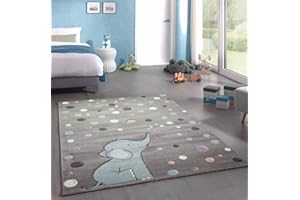 ‎CARPETIA CARPETIA Teppich Kinderzimmer Elefant Punkte Seifenblasen grau blau Größe 140x200 cm