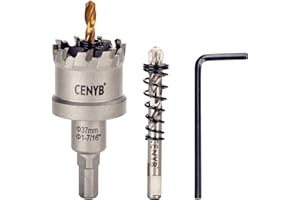 CENYB scie cloche metal 1-7/16" (37mm) à pointe en carbure de tungstène, avec 2 forets pilotes titanées - Idéale pour métaux durs, acier inoxydable, fer, alliage d'aluminium, bois et plastique