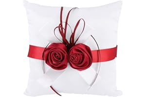 BORDSTRACT Oreiller pour Alliances 20 x 20 x 9,5 cm, Oreiller pour Alliances à la Mode Blanche avec Ruban Rose Rouge Chaud Artificiel pour Décorer Les Accessoires De Mariage