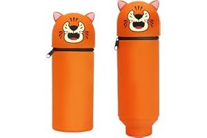 Augesak Trousse Kawaii Garçons, 2 en 1 Silicone Tigre Trousse Enfant, Trousse Scolaire Plumier, Fourniture Scolaire Kawaii Sac Rangement Papeterie, Porte-stylos de Table pour Garçon Fille Étudiant