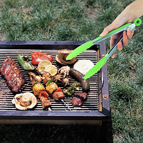 Belmalia 2x Grillzange Set 23cm + 30cm, Küchenzange, Servierzange, Silikon, Kochen, Wenden, Fleisch, Steak, Salat, Nudeln, Wok Grün + Schwarz - 5