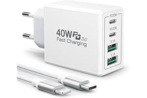 AIONEUS Cargador USB C, 40W 4 Puertos Enchufe USB Cargador iPhone Carga Rapida Tipo C Cargador Movil Carga Rápida Multiple Adaptador Corriente USB con 2M Cable para iPhone 15 Pro Max/14/13/12/11,Samsung,iPad