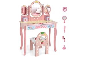 GENERIC INFANS Kids Vanity, 2 in 1 Pink Strawberry Wooden Dressing Table and Chair Set for Toddlers with Tri-Folding Mirror, Stool, Storage Drawers, Pretend Beauty Make Up Princess Play Set for Toddler (Pink)