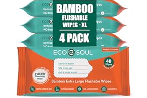 ECO SOUL Bamboo Extra-Large Flushable Toilet Wet Wipes for Adults - Unscented & Alcohol Free | 4 Pack of 48 Wipes Each | Biodegradable | Non-Allergic | Soft Intimate, Body, Bum & Hand Cleansing Wipes