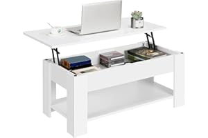 Yaheetech Lift Up Coffee Table, Wooden Lifting Coffee Table with Hidden Storage Drawer and Open Shelf, Space-saving Tea Tables for Living Room/Reception, White, 98x50x(42-56) cm