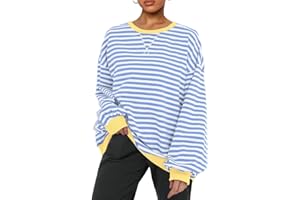 PANOZON Sudaderas Mujer Sin Capucha De para Moda Oversized Sudadera de Rayas con Bloques de Color Manga Larga Cuello Redondo Sweatshirt Jersey Holgado Informal Y2K Camisa Top