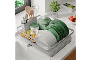 Marctani Scolapiatti da Appoggio per Lavello ACCIAIO INOX - Scola Piatti da Cucina di ALTA CAPACITÁ - Colapiatti Removibile con Scarico 360º ESTENSIBILE (1L Grigio)