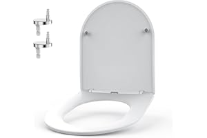 WHYFONE Tapa WC, Asiento de Inodoro en Forma de D, Tapa Inodoro de Cierre Suave con Liberación Rápida, Tapa Vater de UF Materiales Antibacterianos con Bisagras Ajustables, Blanco, 435x362mm