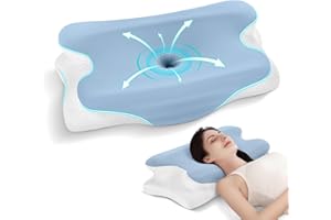 JINXIA Cervical Memory Foam Pillow, Ergonomic Pillow for Neck and Shoulder Pain Relief, Orthopedic Neck Support Pillow for Side/Supine/Prone Sleepers with Removable Cover, Blue/White